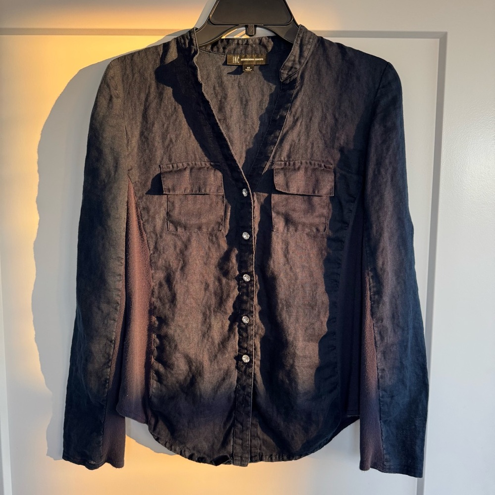 INC International Concepts 100% Linen Navy XS Utility Shirt Y2K Roll Sleeve